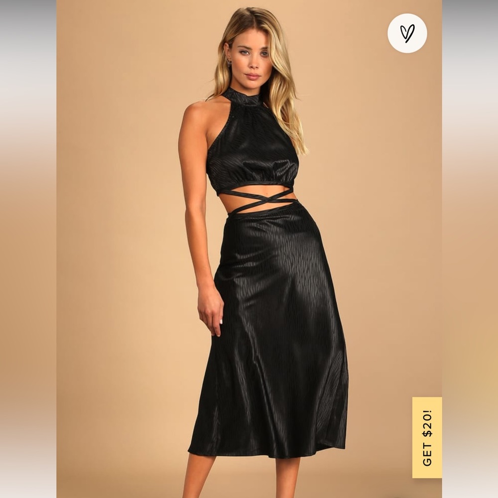 Lulus Fierce Vision Black Jacquard Print Satin Cutout Midi Dress